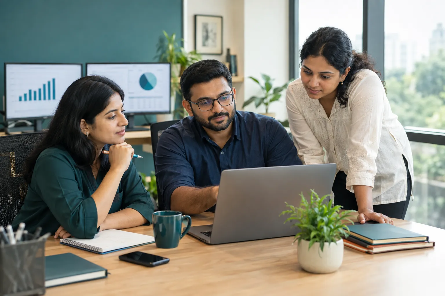 Link Business Advisory team reviewing a client's financial report in the Mohali office